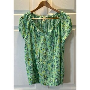 St Johns Bay Peasant Shirt Top Sz PXL Green Floral Short Sleeve Tie Neck Womens
